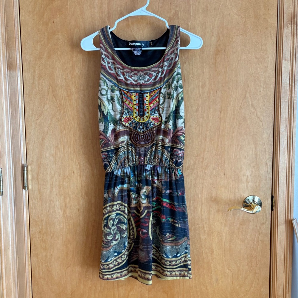 Desigual Womens Boho Embroidered Beaded Sleeveless Dress Gold Metallic Print XS - Picture 2 of 9